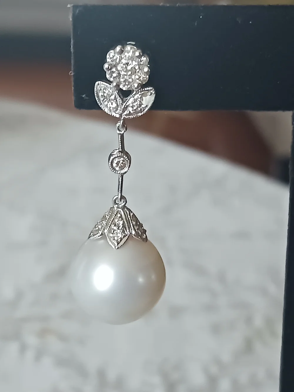14mm White Tahitian  Pearl Drop Earrings  14k - White Gold Earring .50 White Dia